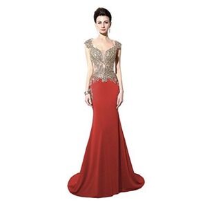 Sarahbridal Women's Rhinestone Long Lace Formal Mermaid Dresses Red US 4